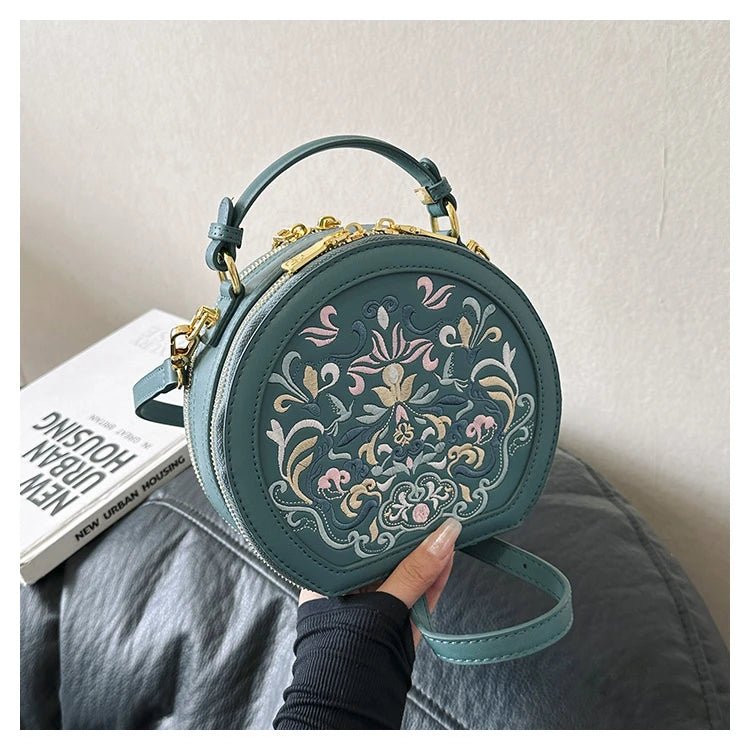Regal Heritage Embroidered PU Leather Round Shoulder Bag - Image 10