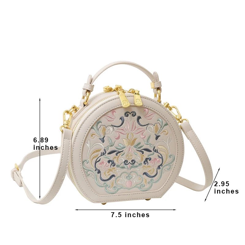 Regal Heritage Embroidered PU Leather Round Shoulder Bag - Image 7