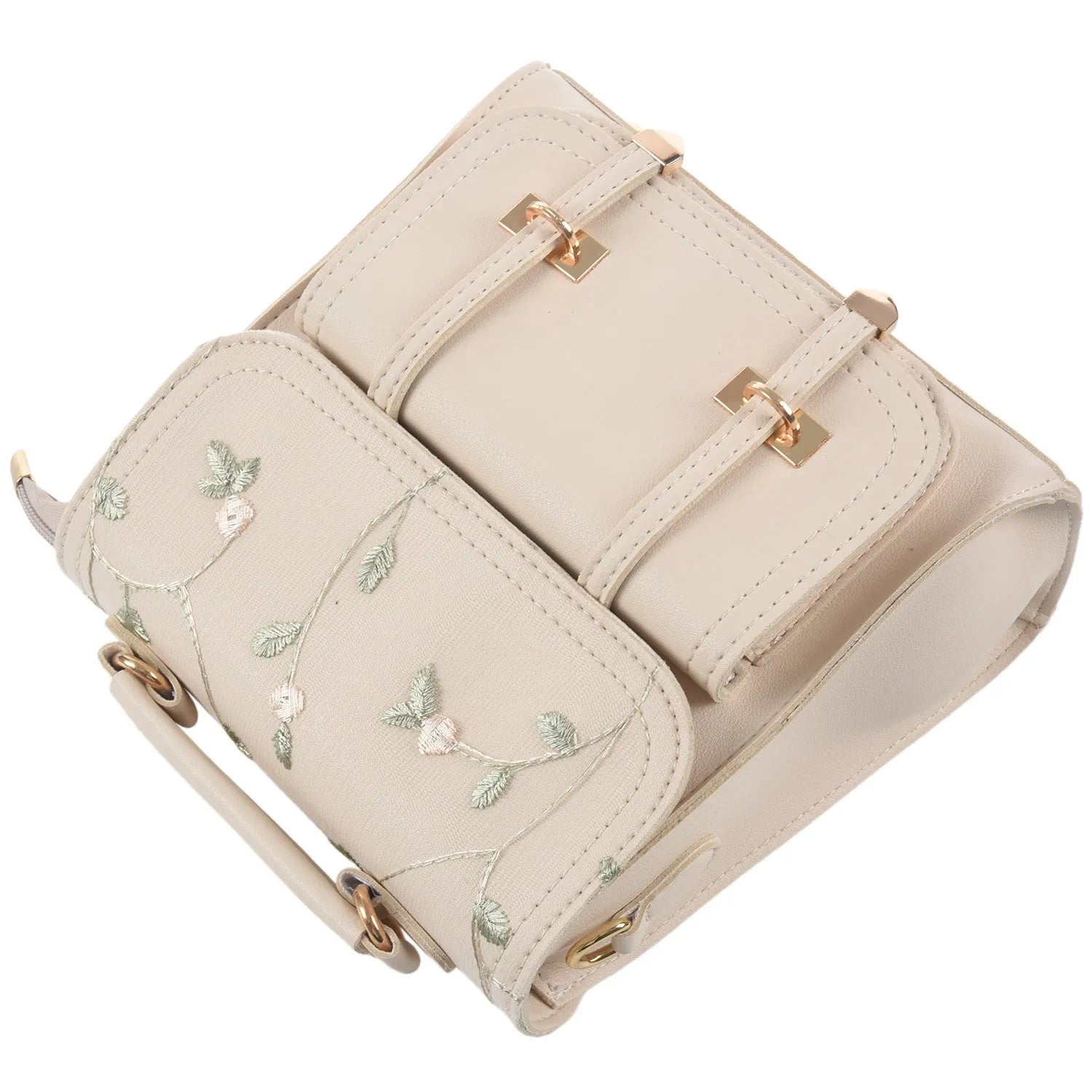 Floral Elegance Embroidered Leather School Backpack - Image 3