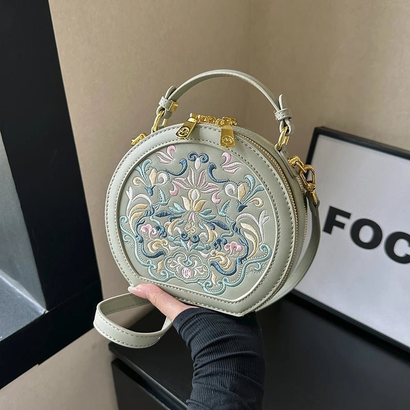Regal Heritage Embroidered PU Leather Round Shoulder Bag - Image 9