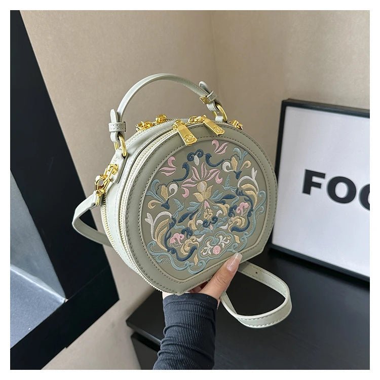 Regal Heritage Embroidered PU Leather Round Shoulder Bag - Image 5