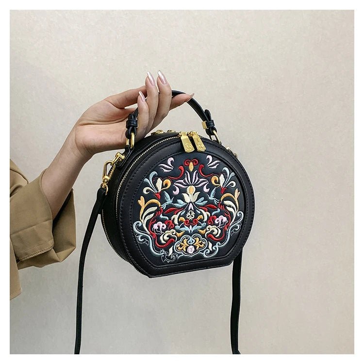 Regal Heritage Embroidered PU Leather Round Shoulder Bag - Image 11