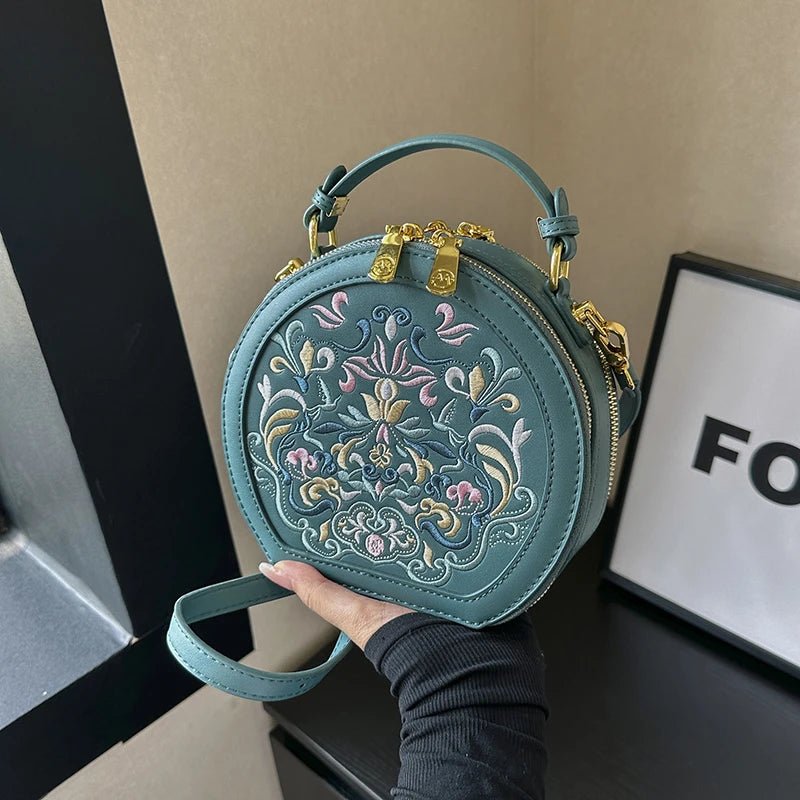 Regal Heritage Embroidered PU Leather Round Shoulder Bag - Image 2