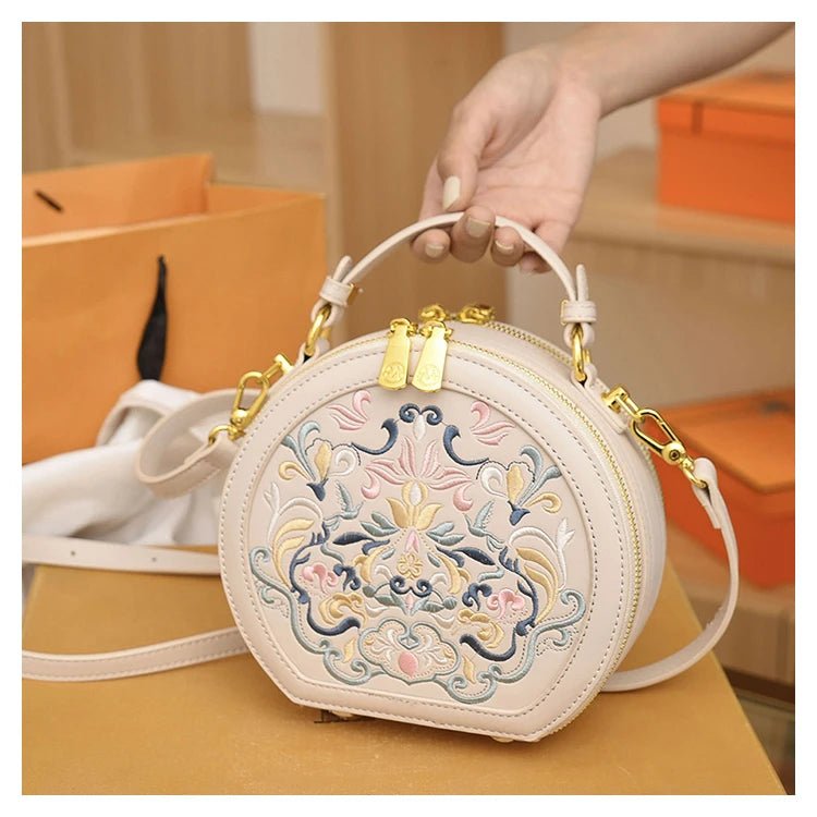 Regal Heritage Embroidered PU Leather Round Shoulder Bag - Image 6