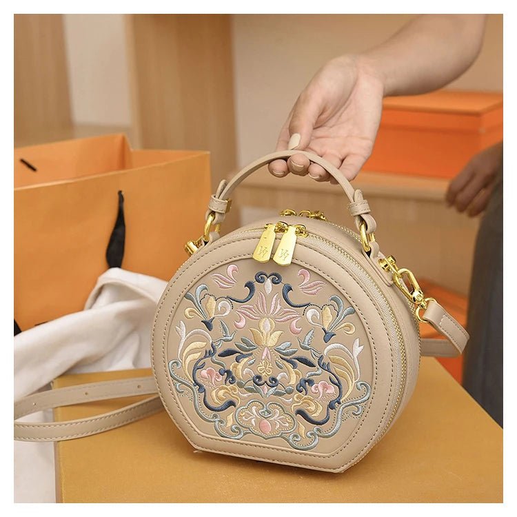 Regal Heritage Embroidered PU Leather Round Shoulder Bag - Image 4